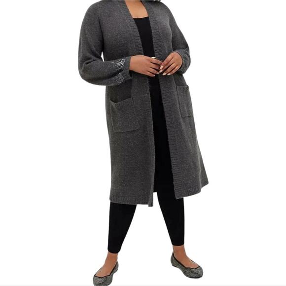 Torrid Long Sleeve Drop Shoulder Sequin Cardigan Sweater Duster Gray size 0 2X - Picture 2 of 10